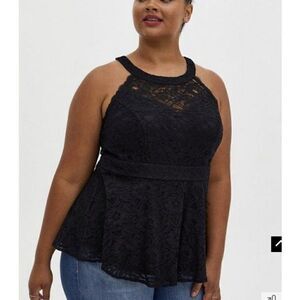 Torrid Women’s Plus 2x Black Lace Peplum Top High Neck Cutaway Shoulders NWT